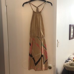 Falls Silk Halter Dress in Tan with Pink, Green, Black; size S
